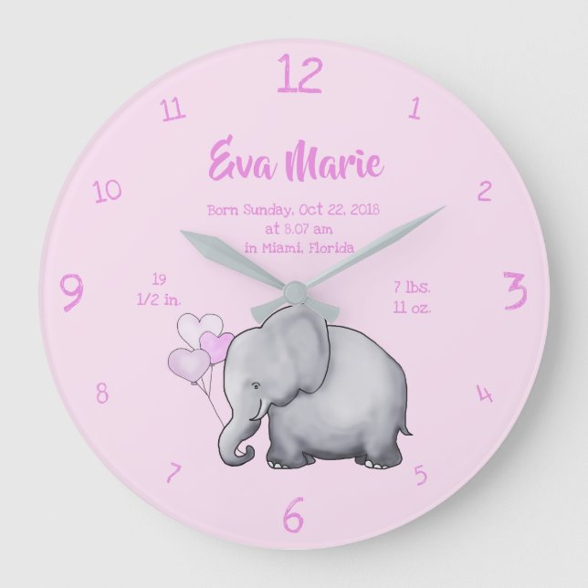 Keepsake Baby Girl Birth Stats Elephant Nursery Large Clock (Front)