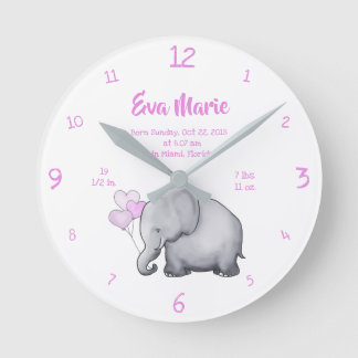 Keepsake Baby Girl Birth Stats Elephant Nursery Round Clock