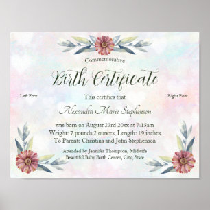 Keepsake Baby Girl Footprint Birth Certificate Poster