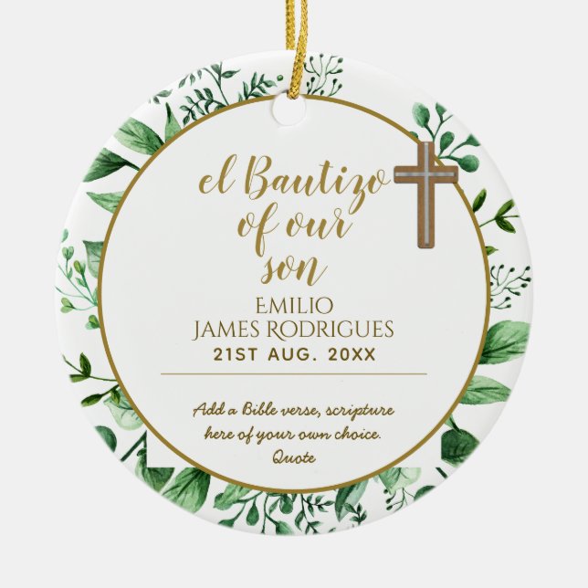 Keepsake Baptism BAUTIZO Gift Gold with Scripture Ceramic Ornament (Front)