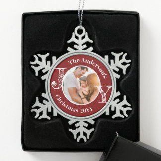 Keepsake Family Photo Joy Modern Minimalist  Snowflake Pewter Christmas Ornament