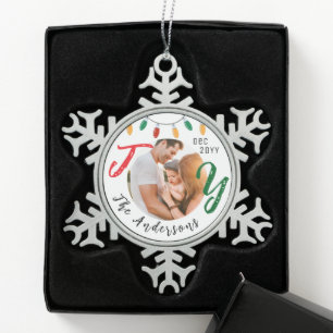 Keepsake Family Photo White Joy Festive Christmas Snowflake Pewter Christmas Ornament