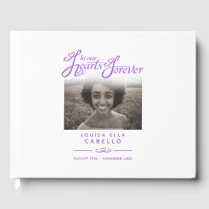 Keepsake memorial book in our hearts white purple