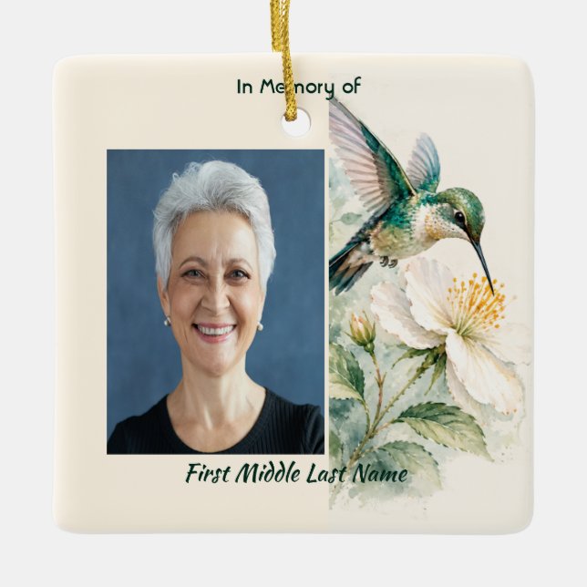 Keepsake Memorial  Hummingbird White Flowers Ceramic Ornament (Front)