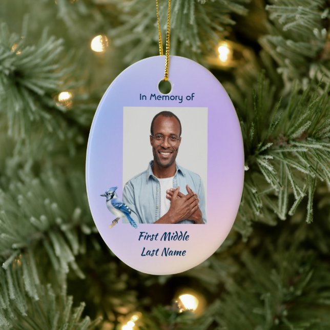 Keepsake Memorial Watercolor Bluejay Garden  Ceramic Ornament (Tree)