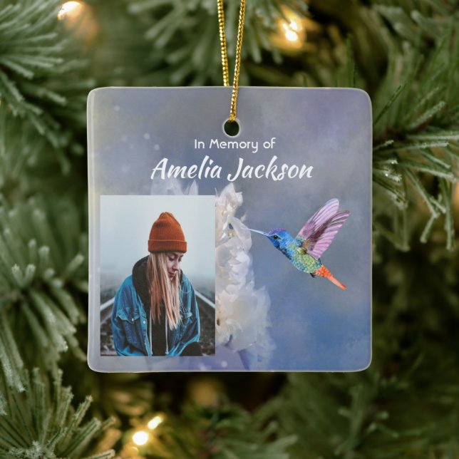 Keepsake  Memorial White Flower Hummingbird Ceramic Ornament (Tree)