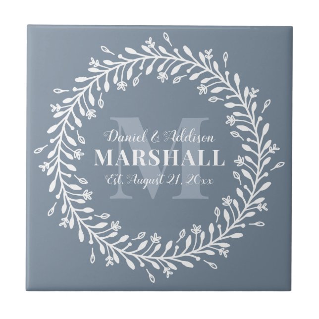 Keepsake Newlywed Couple Blue Wreath Monogram Ceramic Tile (Front)
