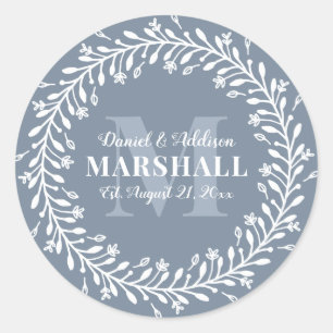 Keepsake Newlywed Couple Blue Wreath Monogram Classic Round Sticker