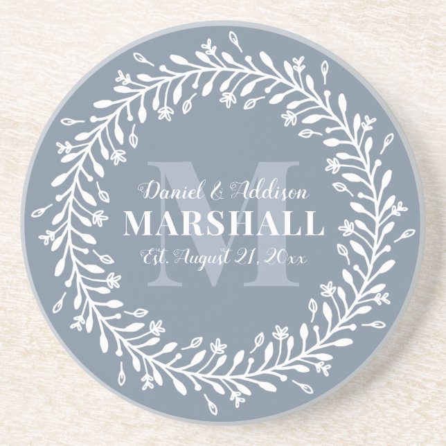 Keepsake Newlywed Couple Blue Wreath Monogram Coaster (Front)