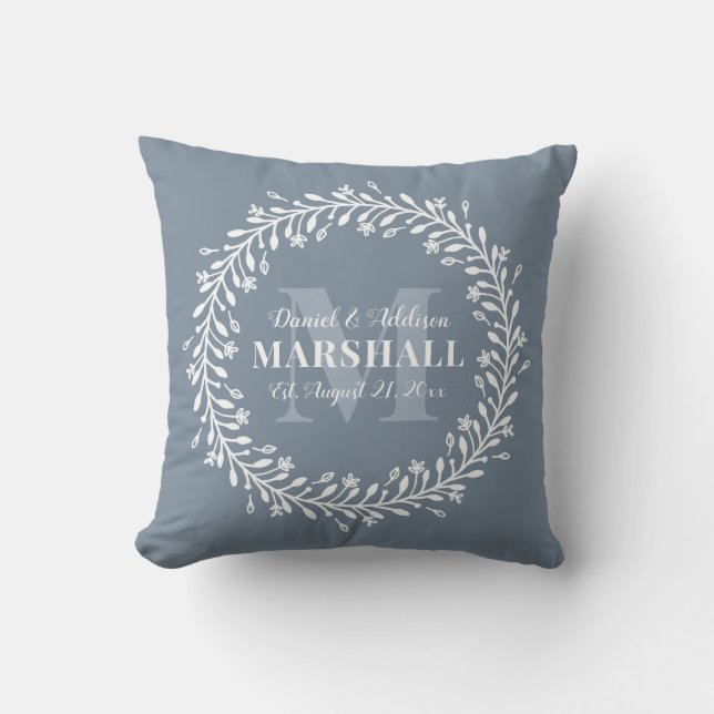 Keepsake Newlywed Couple Blue Wreath Monogram Cushion (Front)