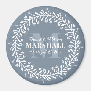 Keepsake Newlywed Couple Blue Wreath Monogram Magnet