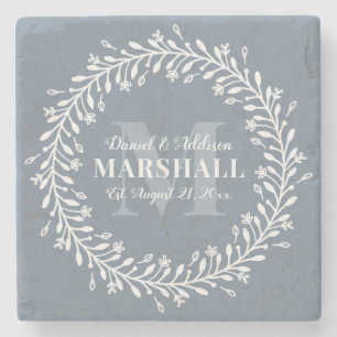 Keepsake Newlywed Couple Blue Wreath Monogram Name Stone Coaster