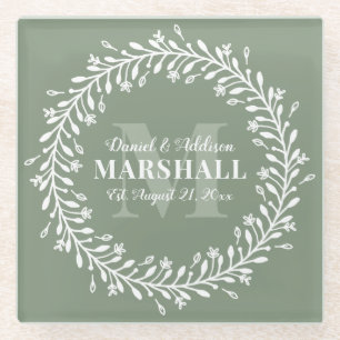 Keepsake Newlywed Couple Green Wreath Monogram Glass Coaster