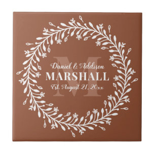 Keepsake Newlywed Couple Orange Wreath Monogram Ceramic Tile