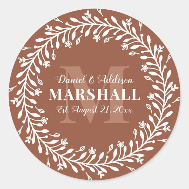 Keepsake Newlywed Couple Orange Wreath Monogram Classic Round Sticker (Front)