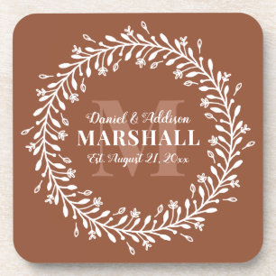 Keepsake Newlywed Couple Orange Wreath Monogram Coaster