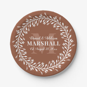 Keepsake Newlywed Couple Orange Wreath Monogram Paper Plate