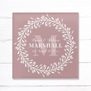 Keepsake Newlywed Couple Pink Wreath Monogram Glass Coaster