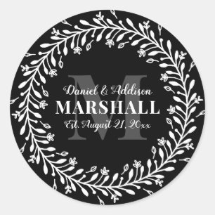 Keepsake Newlywed Couple Wreath Monogram Name Classic Round Sticker