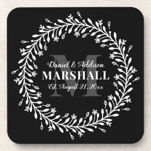 Keepsake Newlywed Couple Wreath Monogram Name Coaster