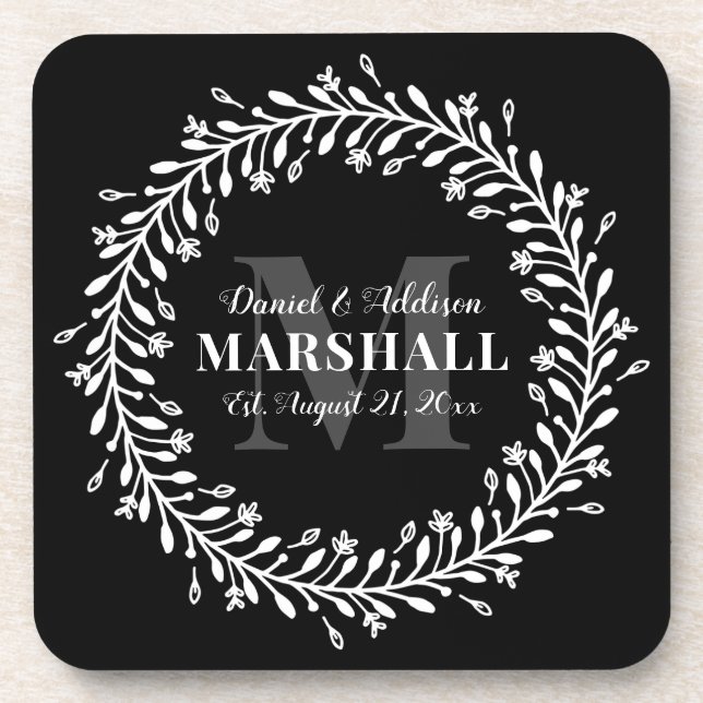 Keepsake Newlywed Couple Wreath Monogram Name Coaster (Front)