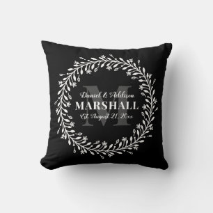 Keepsake Newlywed Couple Wreath Monogram Name Cushion