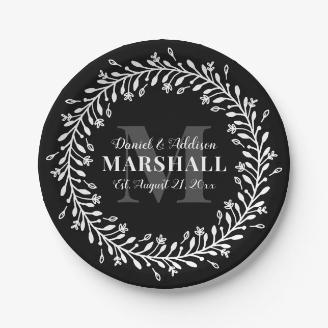 Keepsake Newlywed Couple Wreath Monogram Name Paper Plate (Front)