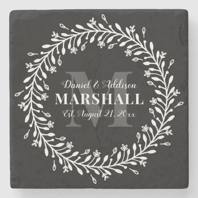 Keepsake Newlywed Couple Wreath Monogram Name Stone Coaster (Front)