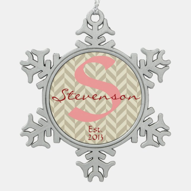 Keepsake Ornament Name & Year, Pink Grey Chevron (Front)