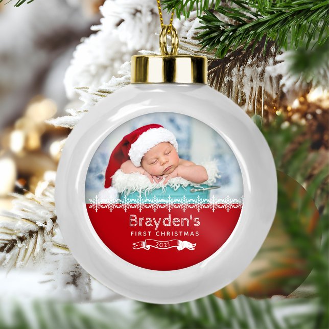 Keepsake Photo Babys First Christmas Red Ceramic Ball Christmas Ornament (Creator Uploaded)