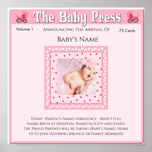 Keepsake Photo Birth Announcement Poster (Front)