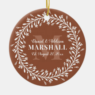 Keepsake Photo Newlywed Couple Orange Monogram Ceramic Ornament