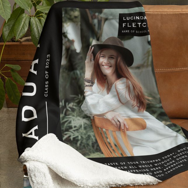 Keepsake Photo & Quote Graduation Gift Black Fleece Blanket (Creator Uploaded)