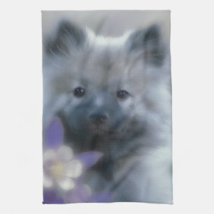 Keeshond and Columbine - Dog Photograph Tea Towel
