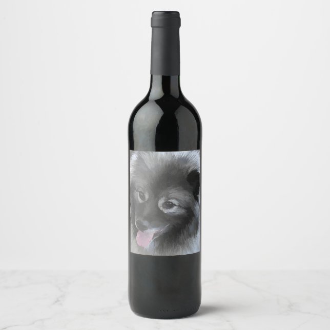 Keeshond Bailey Painting - Cute Original Dog Art Wine Label (Front)