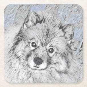 Keeshond Beth Painting - Cute Original Dog Art Square Paper Coaster