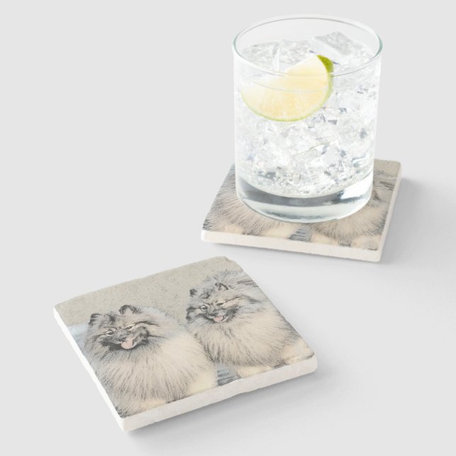 Keeshond Brothers  2 Painting - Original Dog Art Stone Coaster (Side)