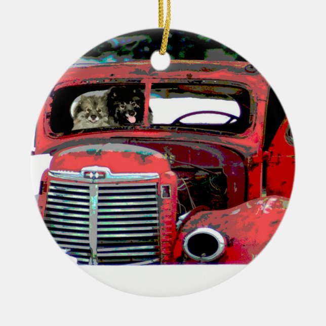 Keeshond Christmas Old Truck Painting Dog Art Ceramic Ornament (Front)