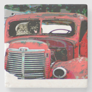 Keeshond Christmas Old Truck Painting Dog Art Stone Coaster