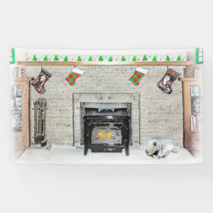 Keeshond Christmas Puppy Dog by Fireplace Painting Banner