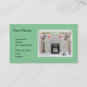 Keeshond Christmas Puppy Dog by Fireplace Painting Business Card