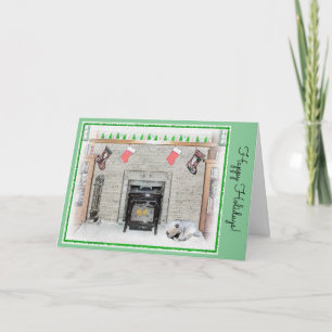 Keeshond Christmas Puppy Dog by Fireplace Painting Card