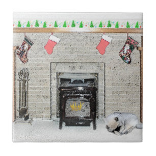 Keeshond Christmas Puppy Dog by Fireplace Painting Ceramic Tile