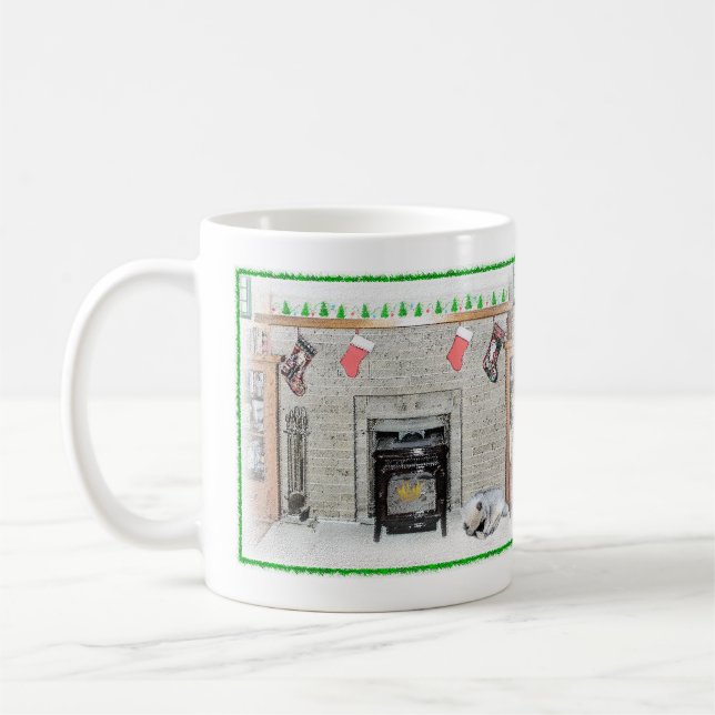 Keeshond Christmas Puppy Dog by Fireplace Painting Coffee Mug (Left)