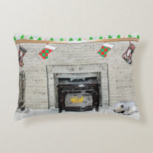 Keeshond Christmas Puppy Dog by Fireplace Painting Decorative Cushion