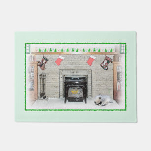 Keeshond Christmas Puppy Dog by Fireplace Painting Doormat