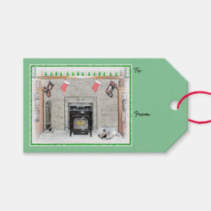 Keeshond Christmas Puppy Dog by Fireplace Painting Gift Tags