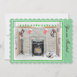 Keeshond Christmas Puppy Dog by Fireplace Painting Invitation