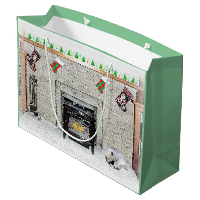 Keeshond Christmas Puppy Dog by Fireplace Painting Large Gift Bag (Back Angled)