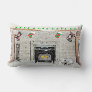 Keeshond Christmas Puppy Dog by Fireplace Painting Lumbar Cushion